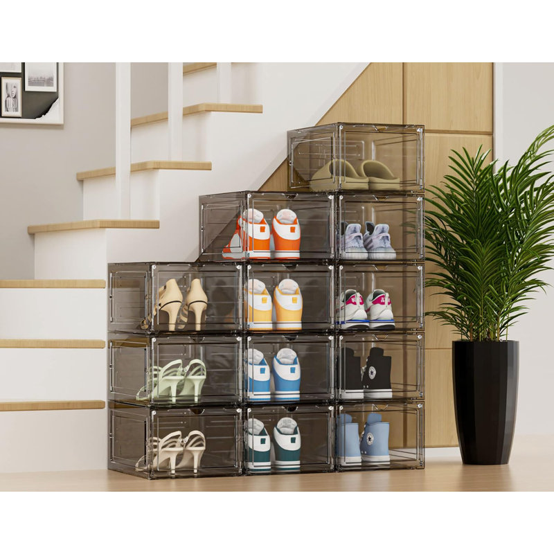 Paquet de 6 boîtes de rangement pour chaussures en plastique transparent avec couvercles, organisateur de chaussures empilable avec porte magnétique, vitrine à chaussures durable et transparente pour un assemblage et une ventilation faciles