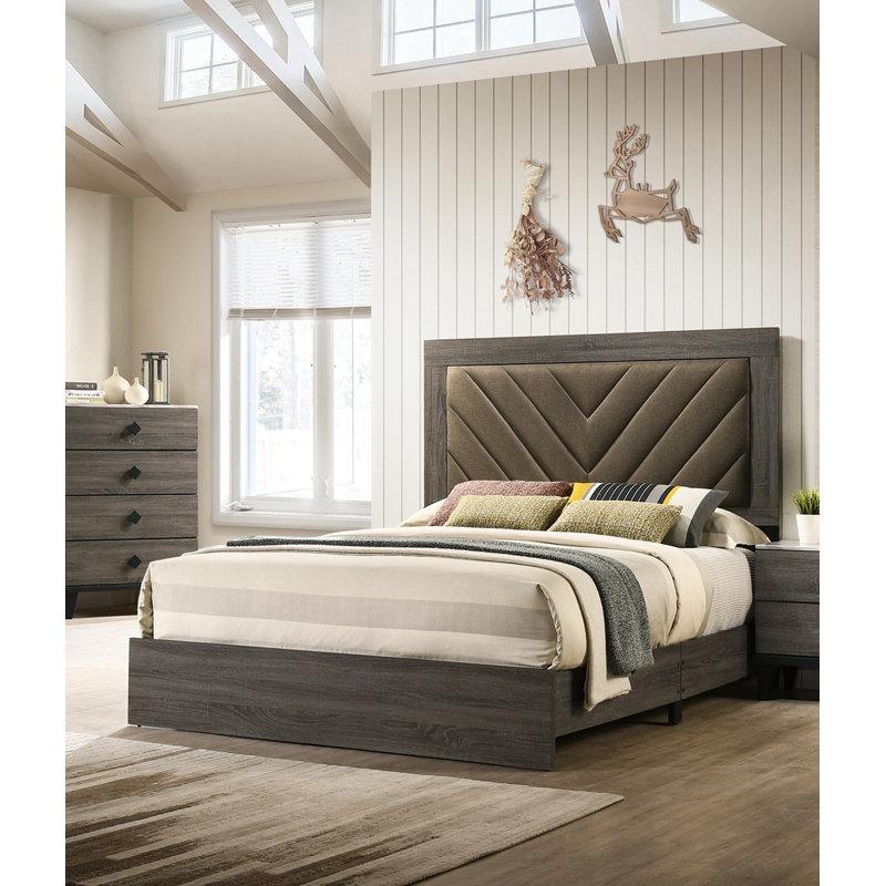 Lit avec tête de lit tapissier en bois d'hévéa 1pc, Grey, Grand lit