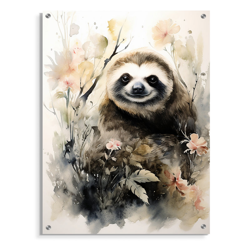 Asian Art Sloth Sumi - Art asiatique, art mural acrylique moderne, H 32 po x l 16 po