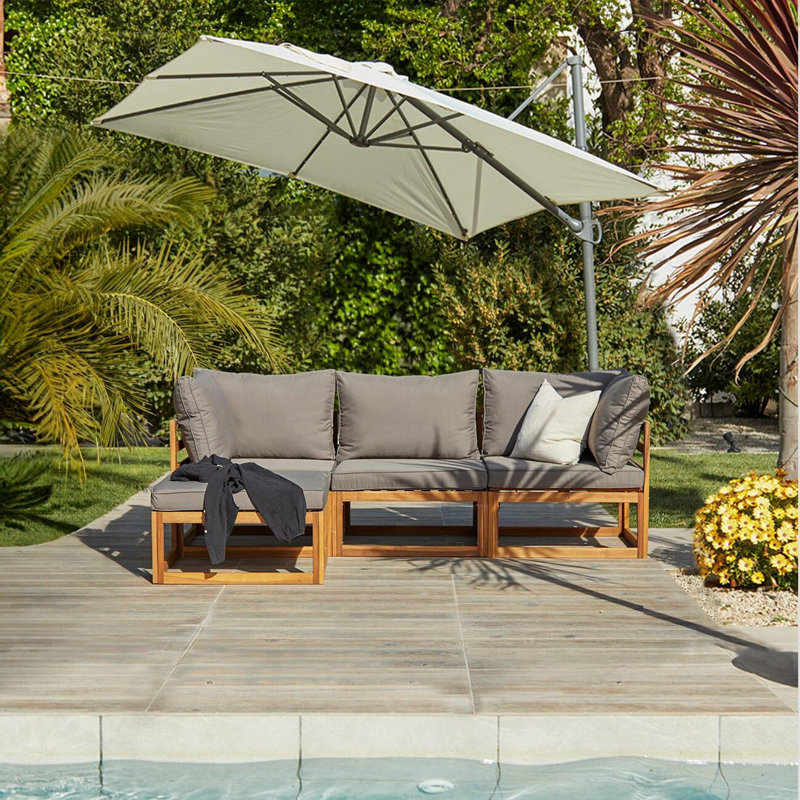 Rimasha 206.4 cm W L-Shaped Acacia Solid Wood Patio Sofa with Cushions, Cream
