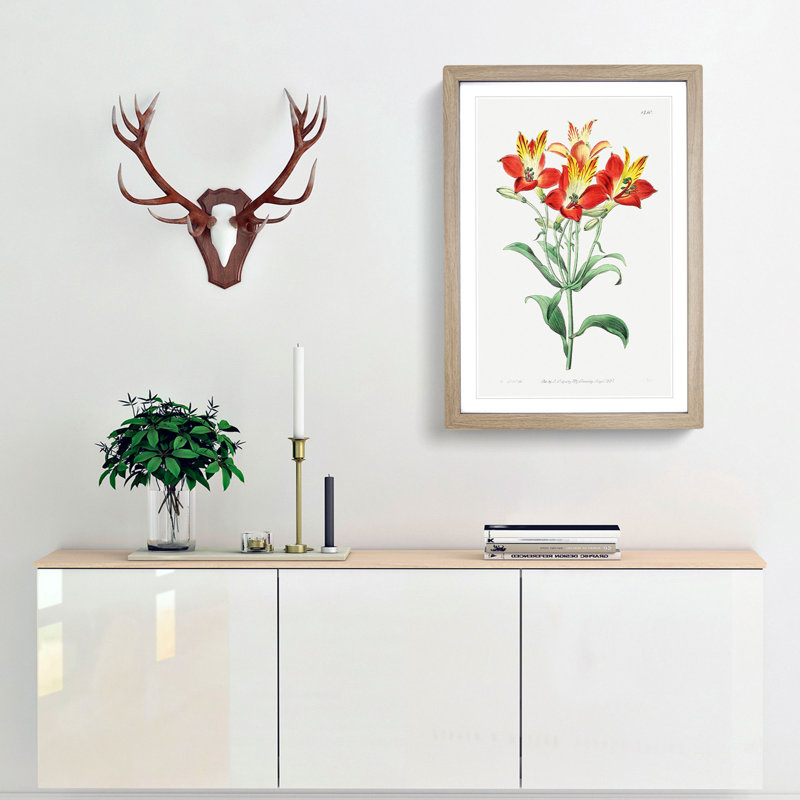 Red Peruvian Lily Flowers - Picture Frame Painting Print, 48cm H x 36cm W x 2cm D, Oak Framed