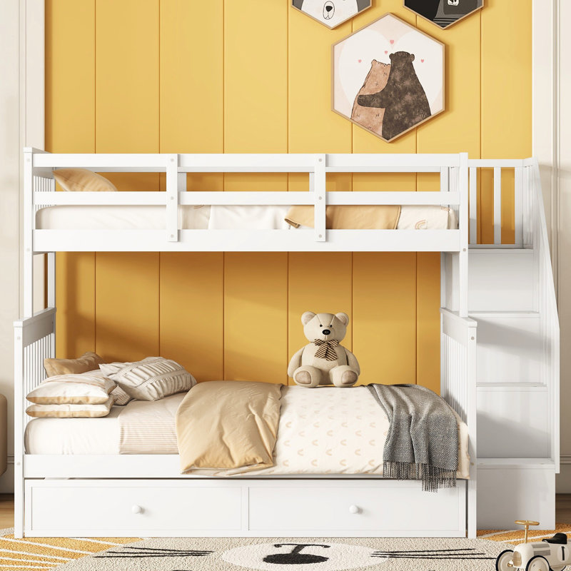 Lit superposé simple avec lit gigogne simple, garde-corps et rangement spacieux - Bois massif blanc pour la chambre à coucher fonctionnelle