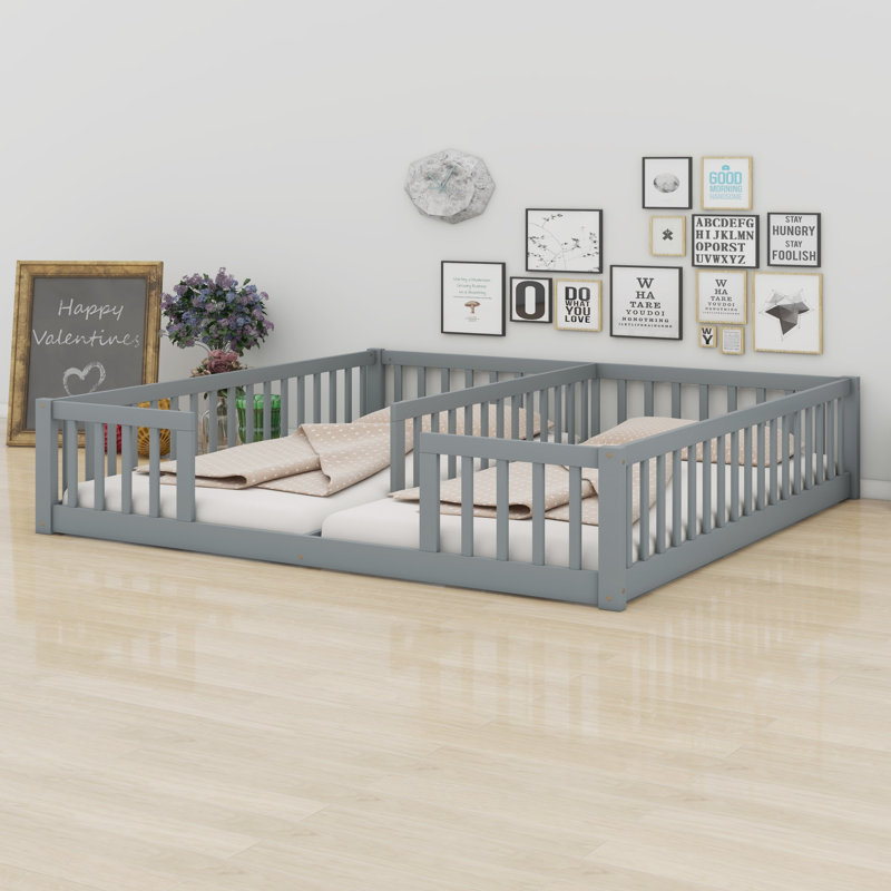 Double Floor Bed With Fence, Guardrails, Grey
