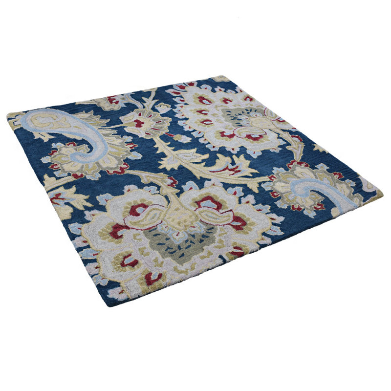 Akain Hand Tufted Wool Eco-Friendly Area Rugs - Square, Blue Color, Floral Modern Design, High Pile Thick Handmade Anti Skid Area Rugs for Living Room, Bed Room