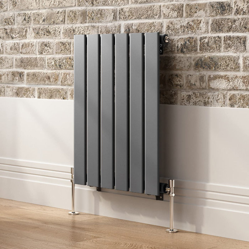 iBathUK Belgravia Horizontal Single Slim Flat Panel Radiator Angled Valve, Grey, 600cm H x 456cm W x 52cm D
