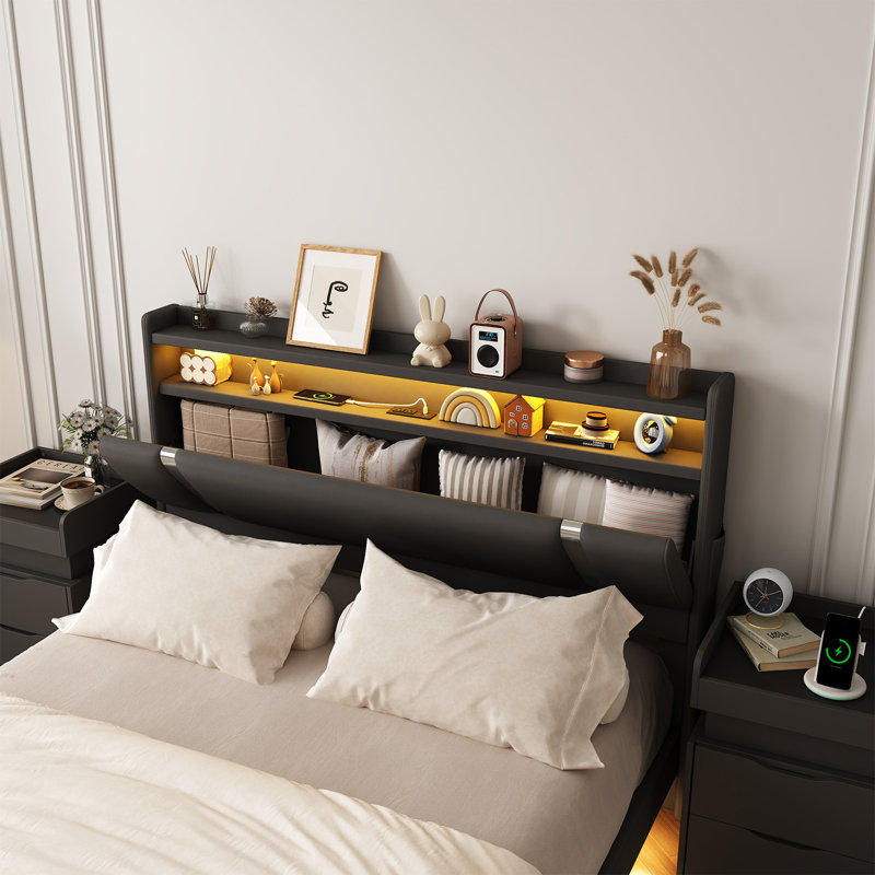 Komor Upholstered Storage Bed with Charging Station and LED Lights, Full, Black