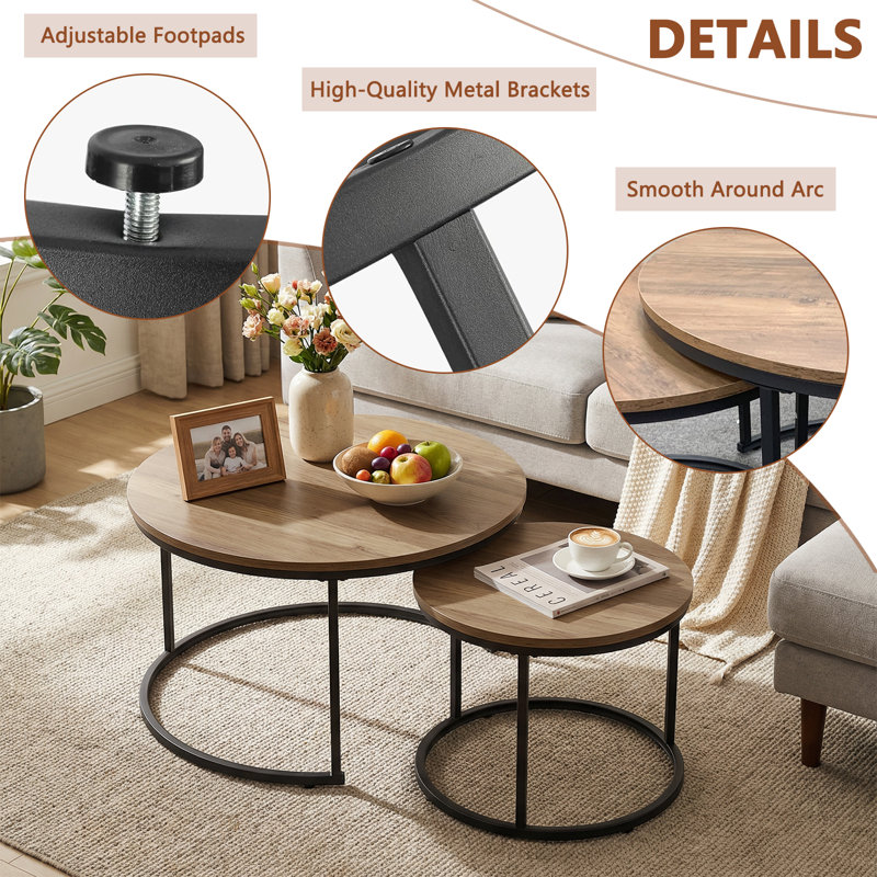 2-pieces Round Nesting Coffee Table Metal Frame And Wood Finish Side Tables, Brown