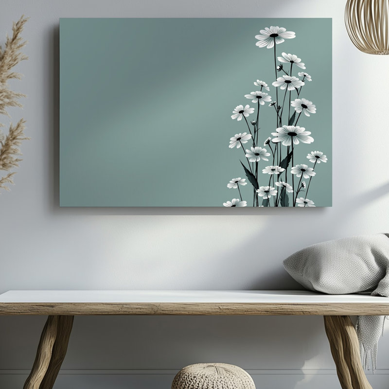 Toile, composition minimaliste composée de fleurs blanches délicates avec de petites fleurs et de fines tiges vert foncé fixées contre une toile