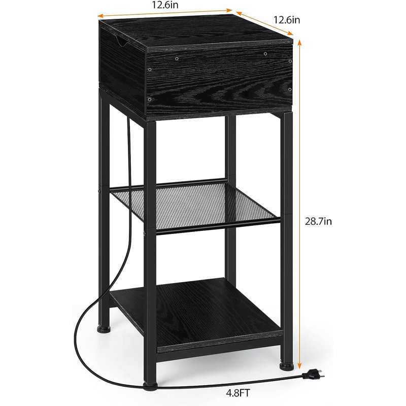 Table d'appoint Rivertol avec rangement et prises intégrées, H 28,7 po x l 12,6 po x P 12,6 po, Noir