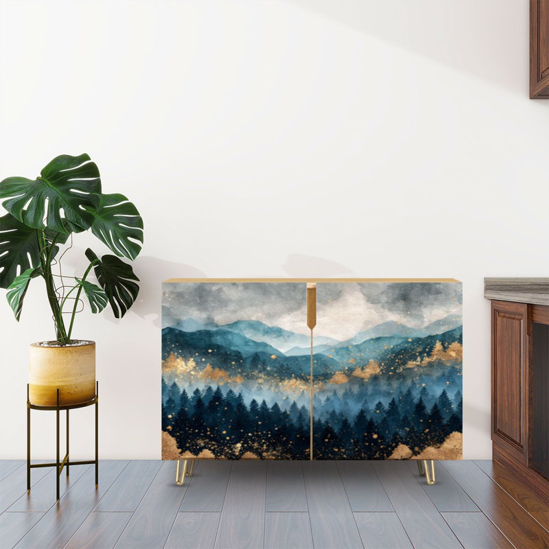 Buffet Buffet avec rangement douce lumière aquarelle forêt avec 2 portes pour le salon et la cuisine