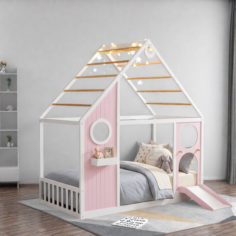 Lits jumeaux cabane avec glissade, cabane de jeu moderne en MDF rose pour chambre d'enfant, Rose