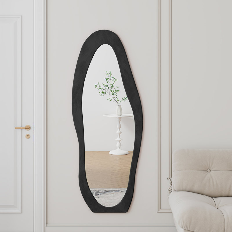 Irregular Wavy Full Length Floor Mirror 63"X24", Flannel Wrapped Wooden Frame, Standing Or Wall Mounted, Large Black Mirror For Bedroom Living Room And Dressing Room | Gift Idea