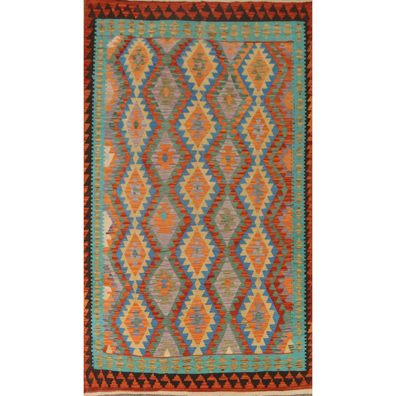 Tapis bleu / vert / jaune en laine tissé à plat à la main à motif rectangulaire 6 pi 6 po x 9 pi 10 po Ikat