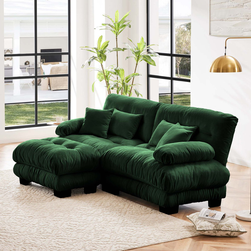 Canapé 2 places avec repose-pieds Chenille, Vert, H 35,4 po x l 94,4 po x P 36 po