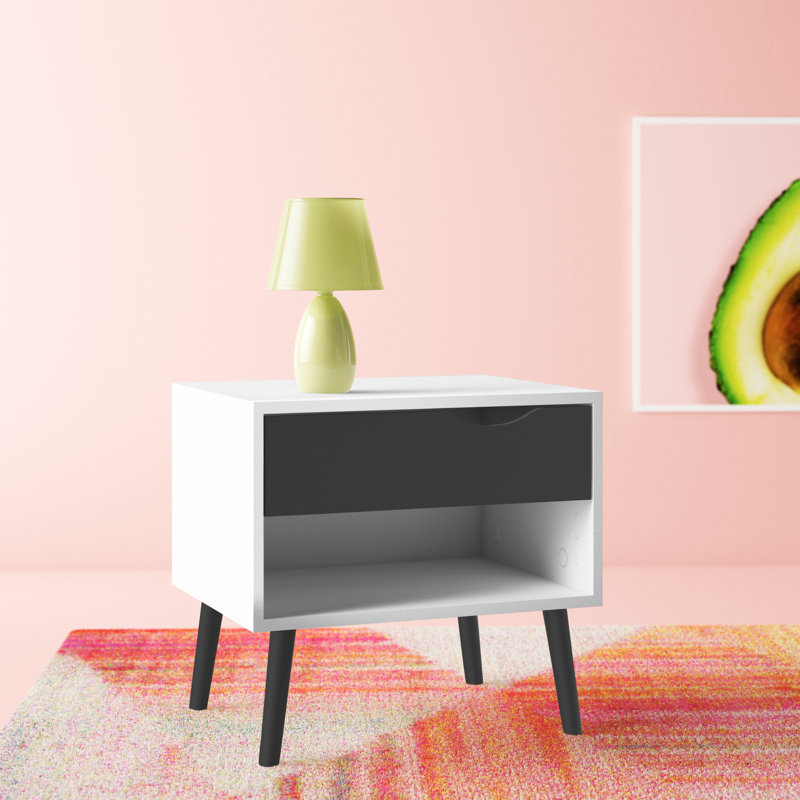 50.2cm W Particle Board / Chipboard Bedside Table, White/Black Matte