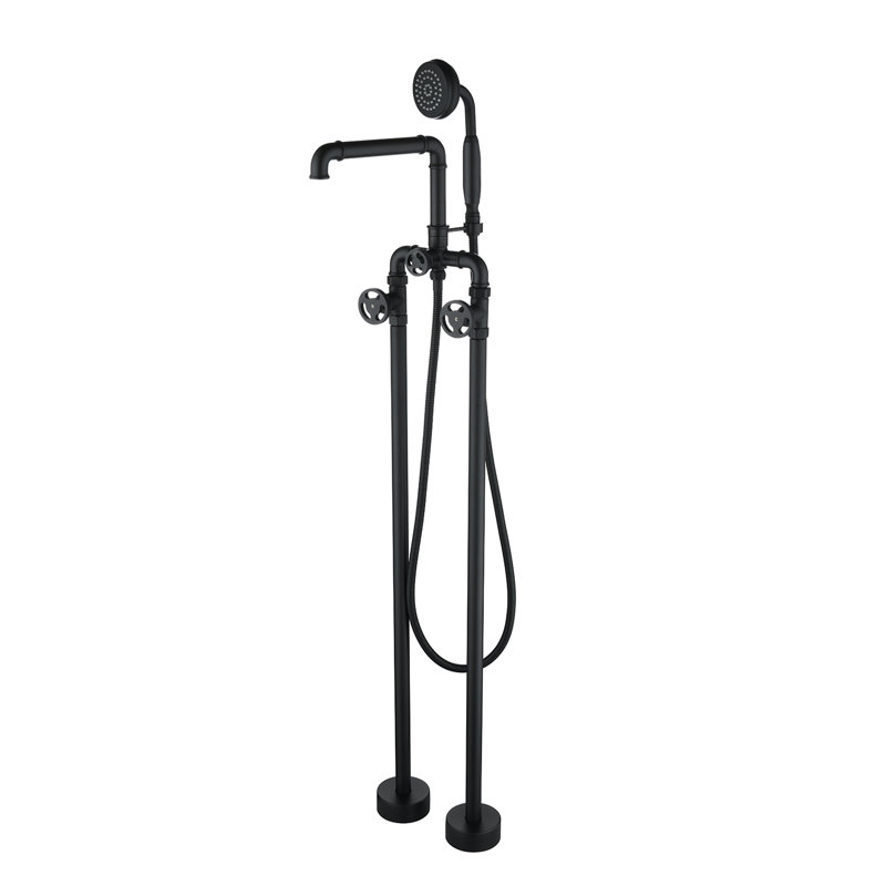 Robinet de baignoire à fixation sur le plancher à 3 poignées avec douchette roind Unique Design, Noir mat