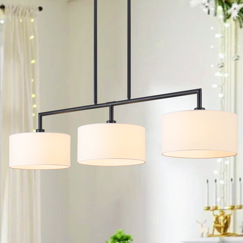 Luminaire suspendu linéaire pour îlot de cuisine à 3 lumières de 47 po avec abat-jour tambour blanc pour le salon de la salle à manger
