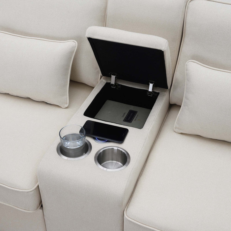 Canapé 114,2 po avec console, 2 porte-gobelets et 2 ports USB à chargement par câble ou sans fil, 4 coussins, Beige
