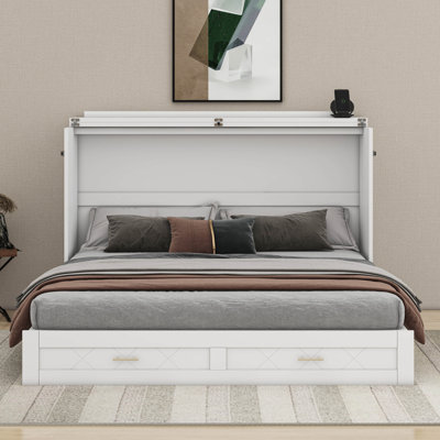 Queen Size Murphy Bed Wall Bed With Drawer And Sockets & USB Ports, Pulley Structure Design