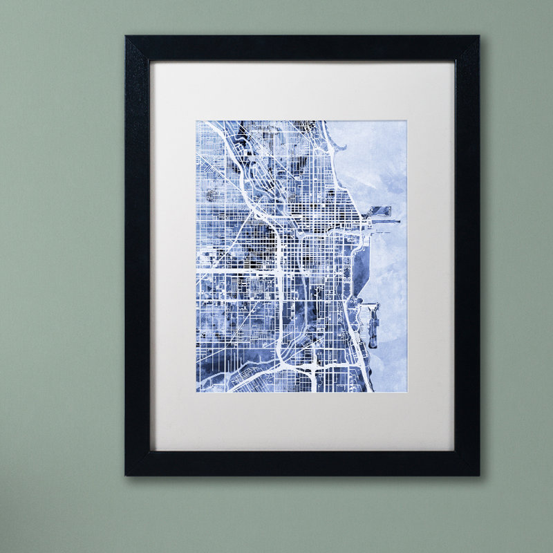 « chicago street map 2 », impression encadrée, H 20 po x l 16 po x P 0,5 po, Blanc, Cadre noir