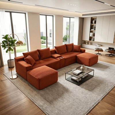 Canapé modulaire modulaire en velours côtelé avec console centrale, ports USB intégrés, porte-gobelets et rangement