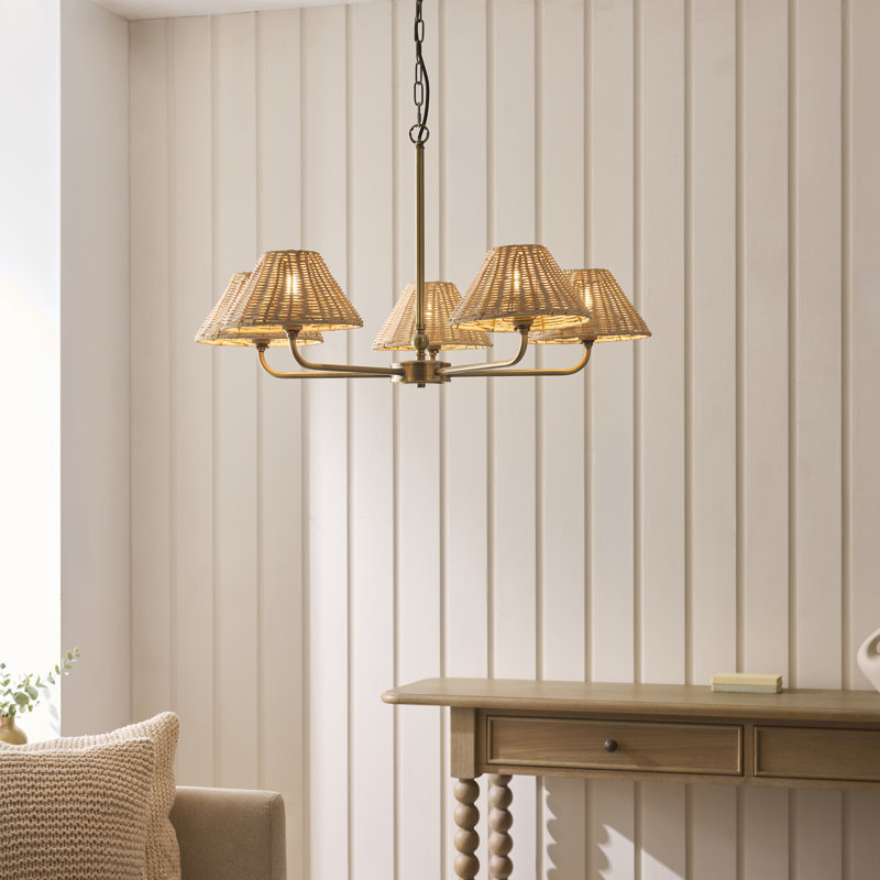 5 - Light Cluster Chandelier, Antique Brass & Natural Rattan