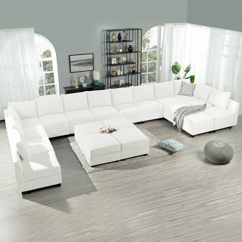 Zijun Convertible 13 Seater U-Shaped Modular Linen Sofa Sectional with 6 Ottoman for Living Room, White Down 100% Linen