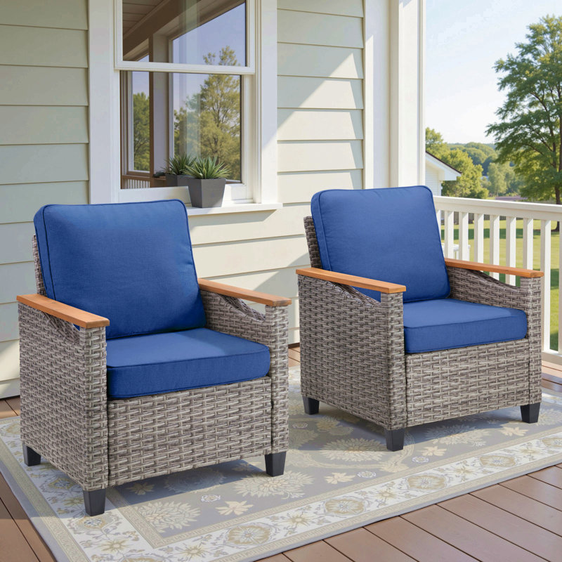 Ensemble de 2 chaises longues d'extérieur en osier gris avec coussins bleus