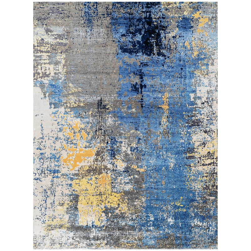 Tapis gris / bleu / jaune noué à la main de haute qualité, Rectangle 9 pi x 12 pi