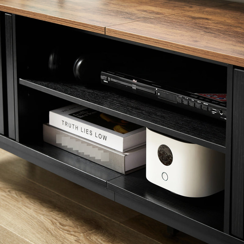 Meuble télé 63 po avec rangement considérable, portes rayées noires, matériau, 4 tablettes, idéal pour le salon, supporte une capacité de rangement de 60 po, apparence, assemblage, pour chambre et chambre à coucher, s'adapte à 60 po