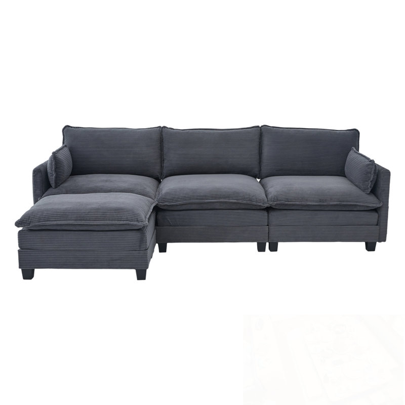 L Shaped Modular Sectional Sofa with Movable Ottoman and side pocket, Gray
