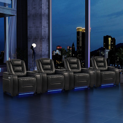 Siège de cinéma inclinable électrique de 38 po de large en similicuir avec appui-tête électrique, éclairage à DEL, porte-gobelets et recharge USB (ensemble de 4)