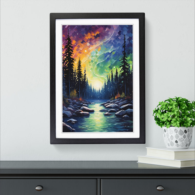 Northern Lights Impressionism - Single Picture Frame Print on Wood, 46cm H x 34cm W x 2cm D, Black