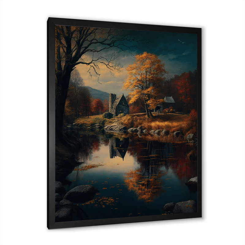 «Old Cottage In The Autumn Mountains I», paysage, montagnes du lac, impression brune, Cadre photo noir