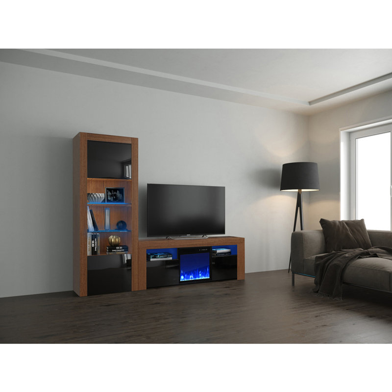 Earle Modern Entertainment Center for TVs up to 65" with Electric Fireplace Included, Walnut/Black