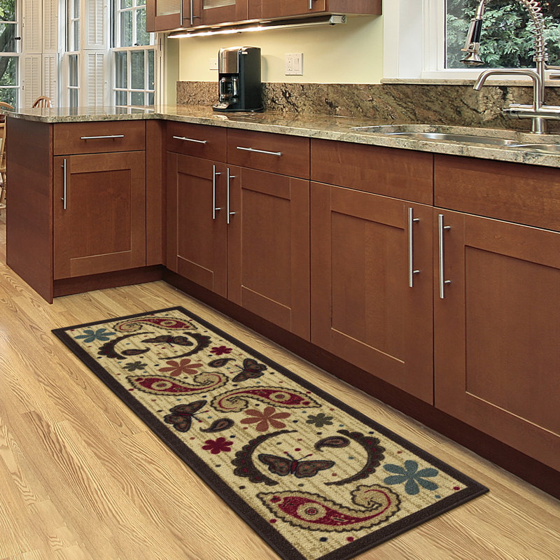 Beige and Red Paisley Non-Slip Kitchen Runner Rug