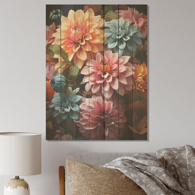 Beautiful Pastel Zinnias Blooms I - Flower On Wood Print