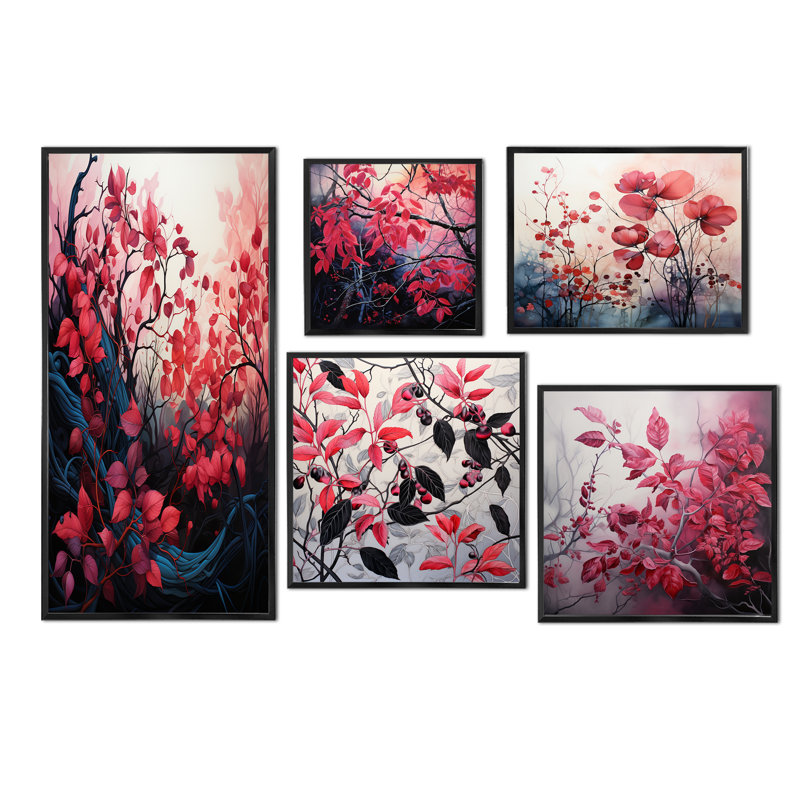 Feuilles botaniques rouges et noires minimalistes - feuilles, ensemble de 5 impressions sur toile, Cadre flottant noir