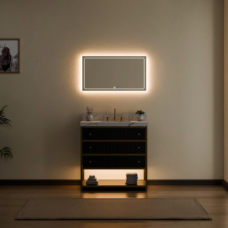 Meuble-lavabo autoportant de 36 po avec éclairage DEL, pierre d'ingénierie et tiroirs cannelés Celestia, quincaillerie dorée