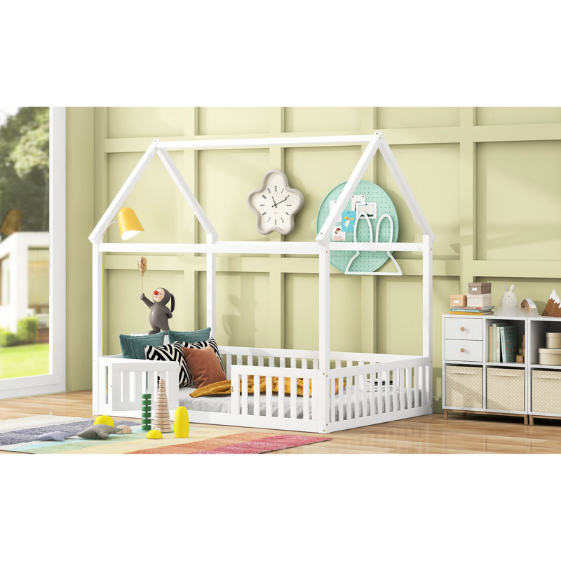 Lit blanc en bois pleine grandeur avec clôture, porte et stabilité durable charmant, Lit double, Blanc