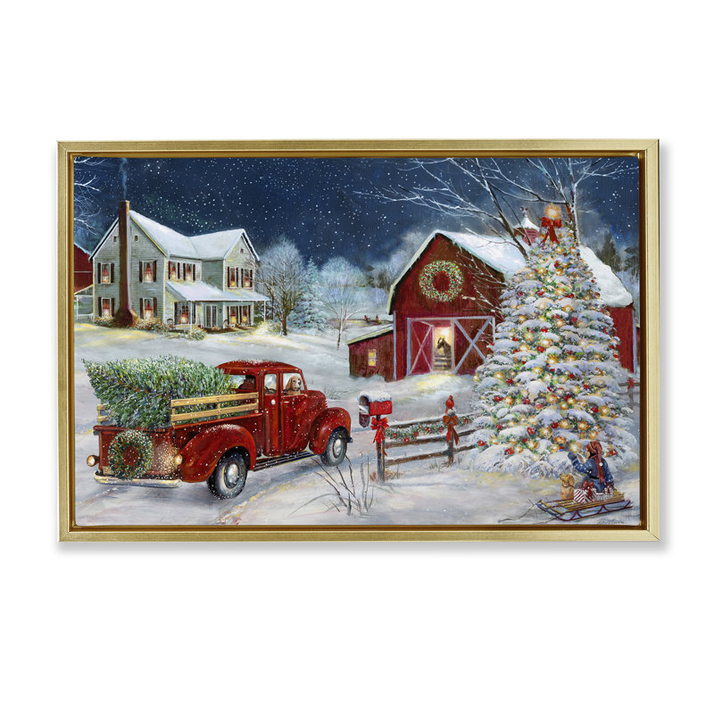 «Snowy Winter Farmhouse» par Ruane Manning, Cadre flottant métallique doré, H 17 po x l 25 po