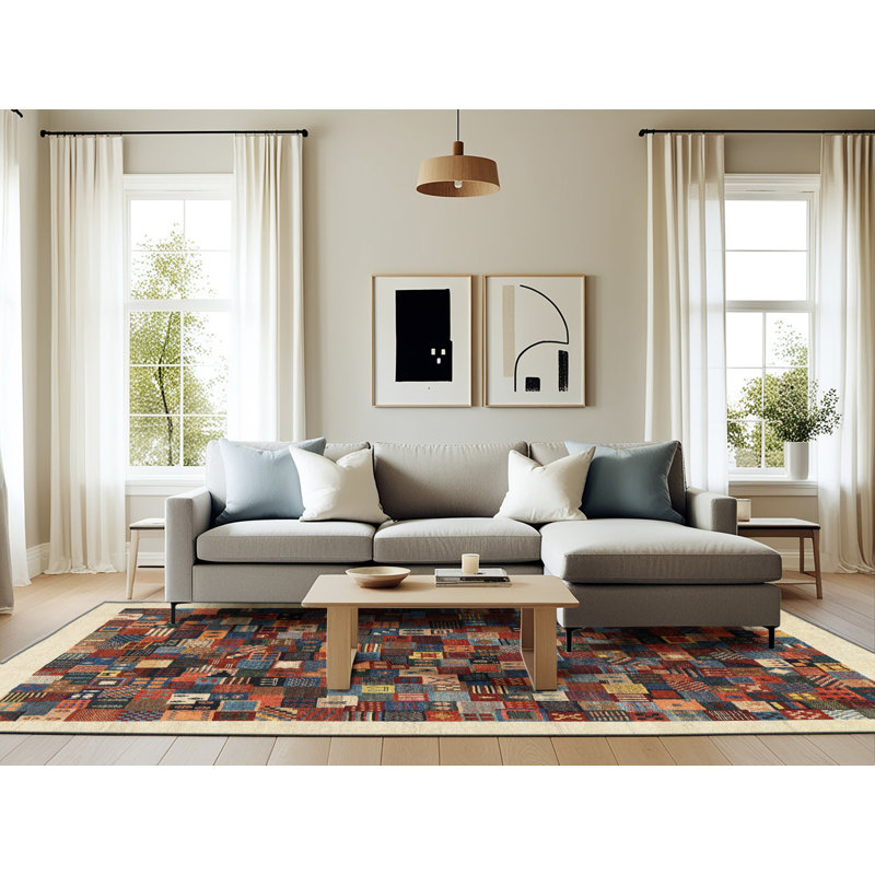 Tapis beige/noir/rouge contemporain, Rectangle 6 pi x 9 pi