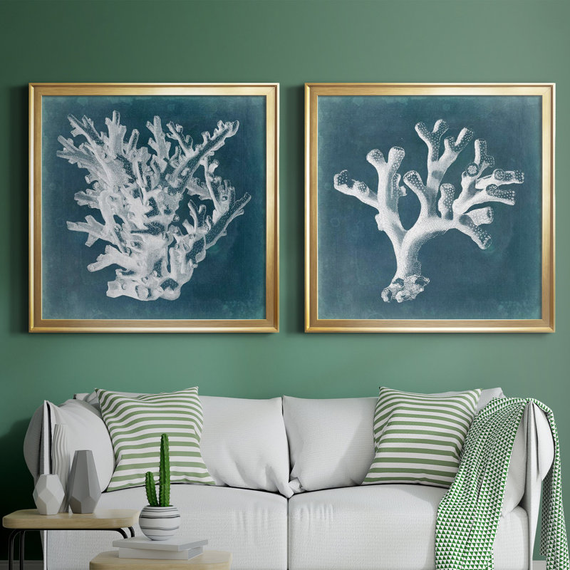 Azure Coral I - ensemble de 2 cadres photo sur toile, Toile encadrée d'or, H 34,5 po x l 69 po x P 1,5 po