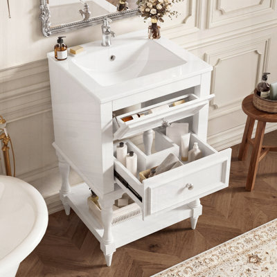 Meuble-lavabo rétro avec lavabo et rangement en céramique, parfait pour le style rétro et la fonctionnalité moderne.