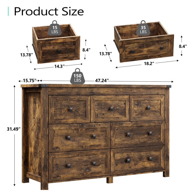 7-Drawer Dresser Double Dresser , 47.3''W Wide Wood Chest of Dressers for Bedroom, Wood/Black