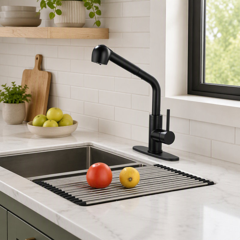 Robinet de cuisine noir mat avec douchette amovible, poignée unique pour un contrôle facile de la température et rotation à 360°