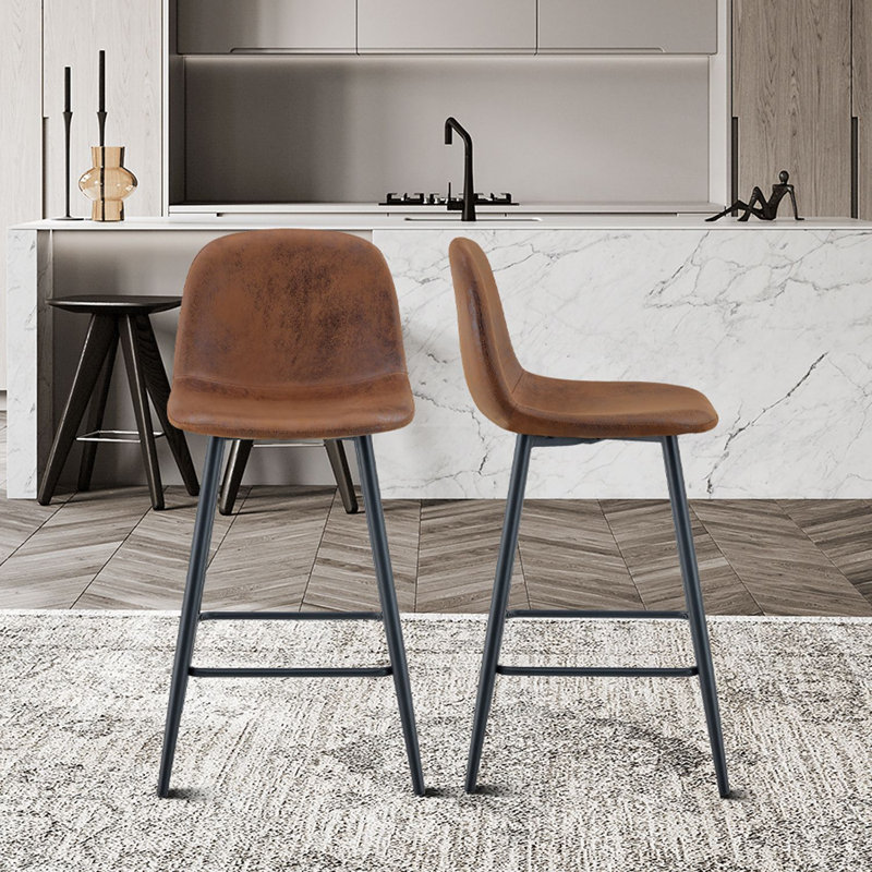 Ensemble de 2 tabourets de bar modernes en tissu avec dossier, pieds en métal et repose-pieds, Brun