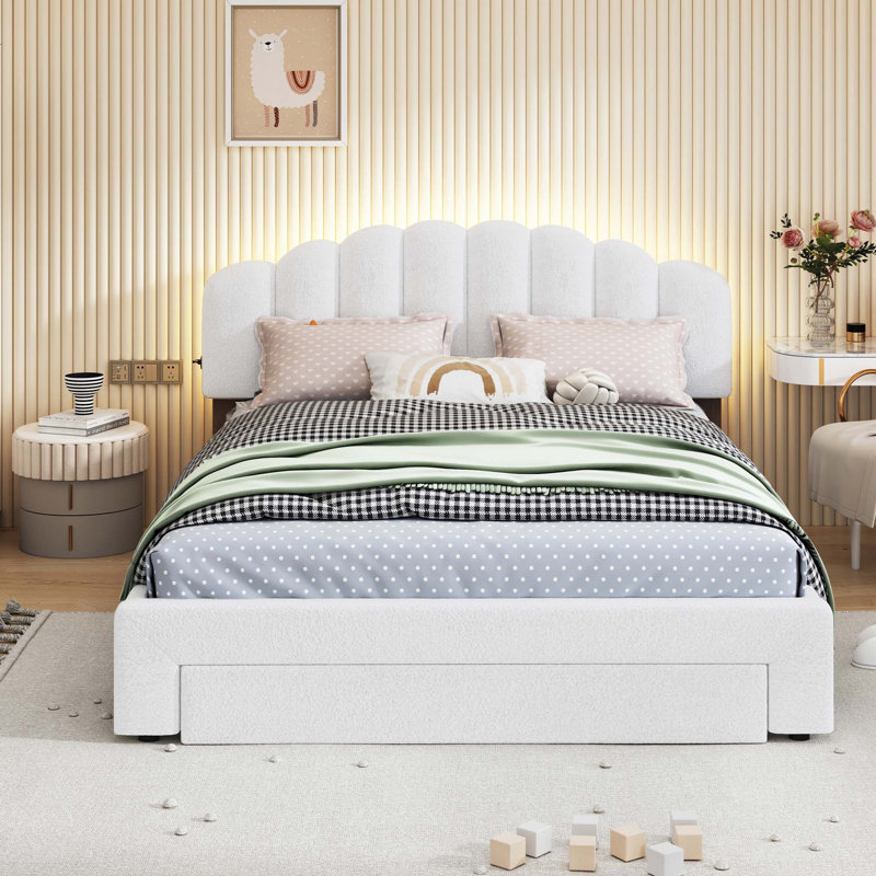 Lit plateforme tapissier Teddy, Blanc