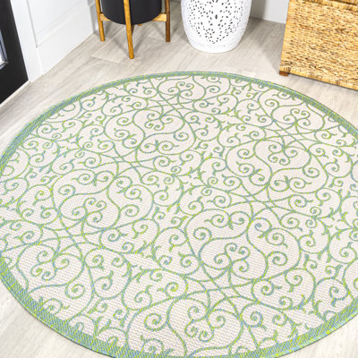 Deronte Vintage Filigree Textured Weave Cream/Green Indoor/Outdoor Rug