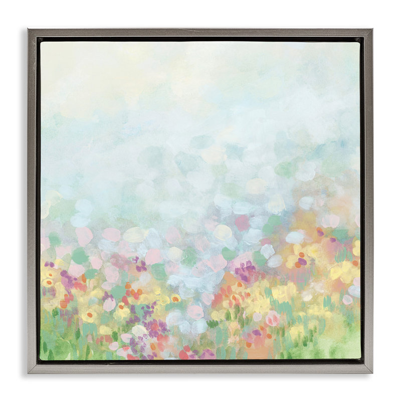 Art abstrait abstrait sur toile, "Meadow Floater" par June Erica Vess, H 25 po x l 25 po, Cadre flottant noir de jais
